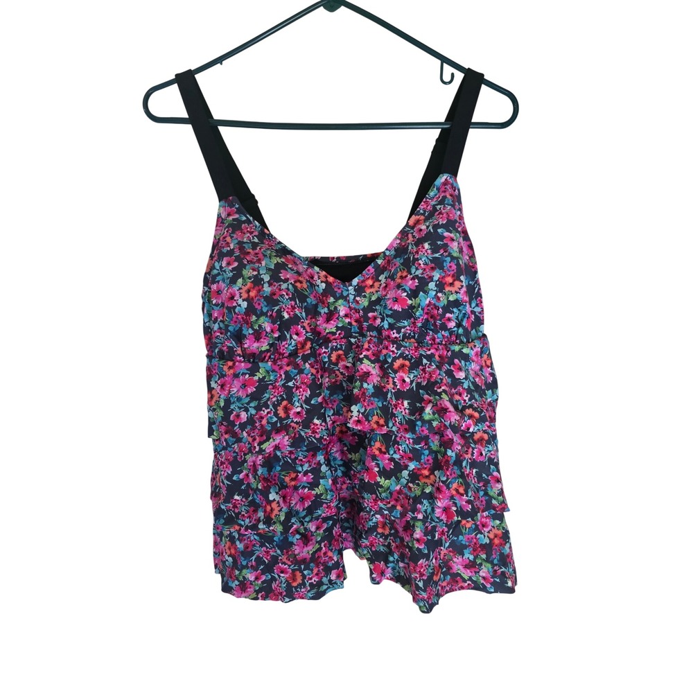 Pure Energy Womens Plus 14W Floral Tiered Ruffle Tankini Swim Top‎ Pink Blue